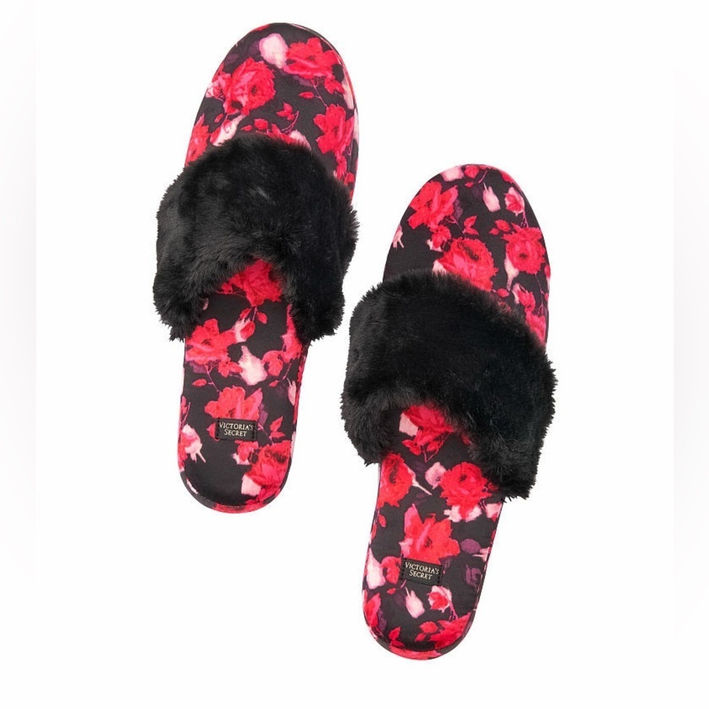NWT Victoria Secret Signature Satin Slippers Black Red Rose Faux Fur Small 5/6